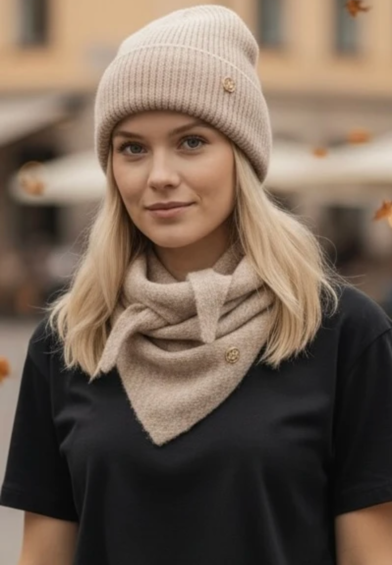 Strikket trekantskjerf, lite - Taupe melert