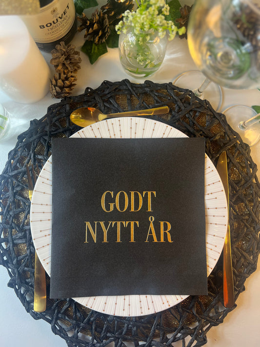 Sort AIRLAID serviett med gull tekst - "Godt Nytt år"