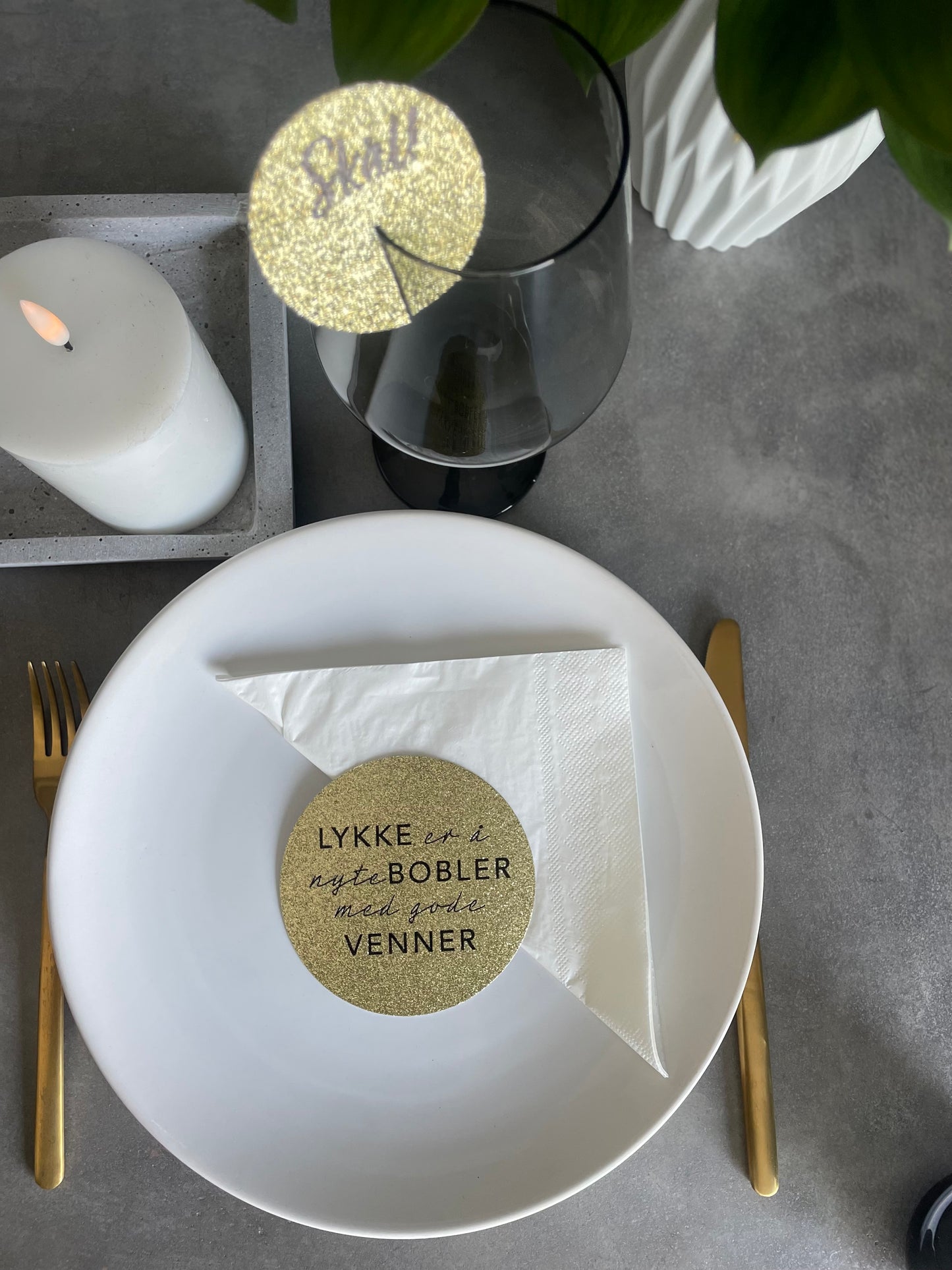 Coaster gull glitter "Lykke er å nyte bobler med gode venner"