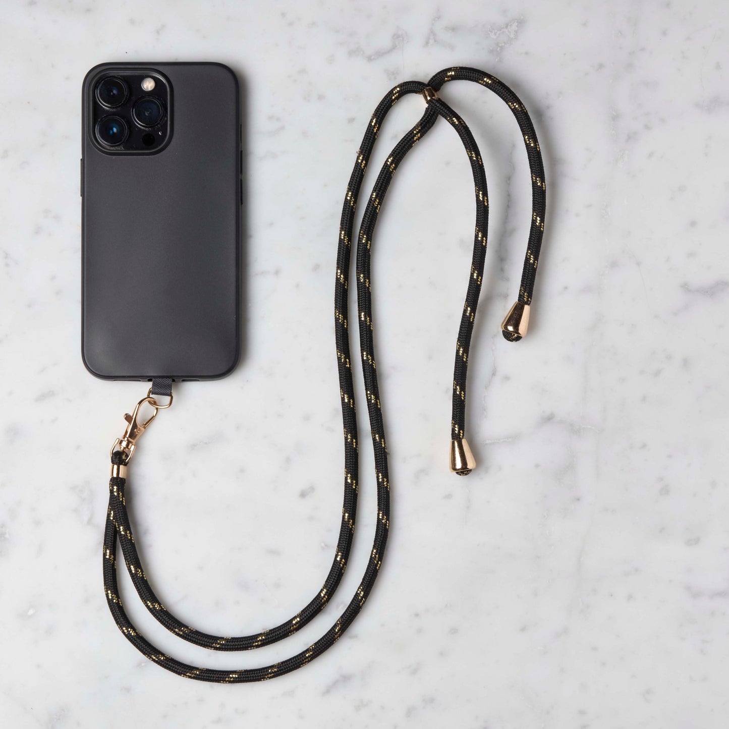 Mobilstropp - Justerbar, sort snor med gull