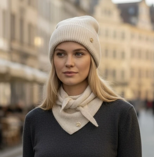 Strikket trekantskjerf, lite - Lys Beige melert