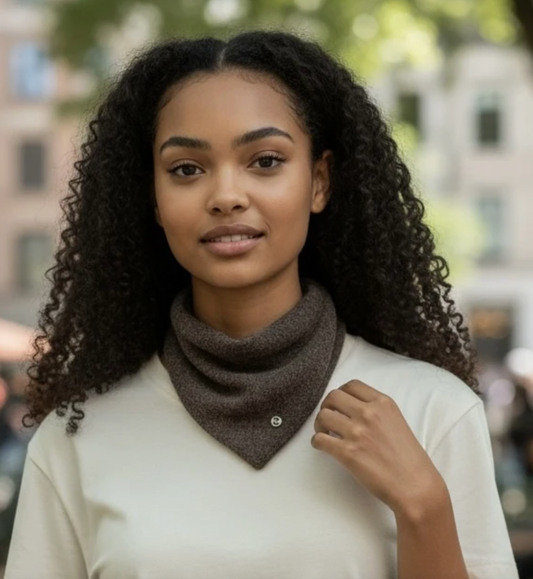 Strikket trekantskjerf, lite - Mørk brun melert