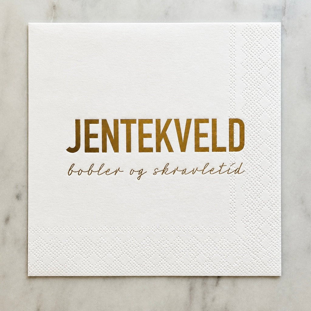 Hvit serviett med gull tekst - Jentekveld bobler & skravletid