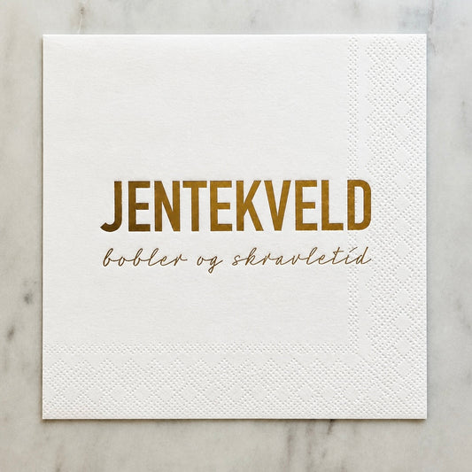 Hvit serviett med gull tekst - Jentekveld bobler & skravletid