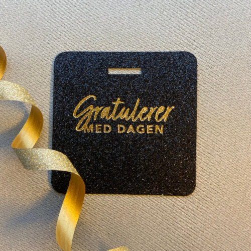 Glitter tags til gaver, gratulerer med dagen